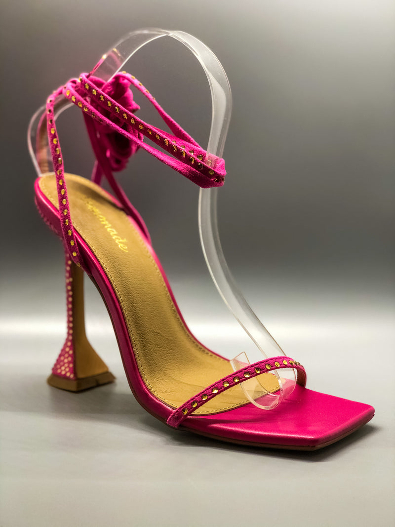Pink Diamante Detail Lace Up Square Toe Pyramid Heel – Munroe Shoetique