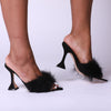 Black Faux Feather Pointed Toe Pyramid Heel Mule