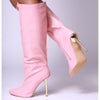Pink Croc Print Faux Leather Metallic Heel Knee High Long Boots
