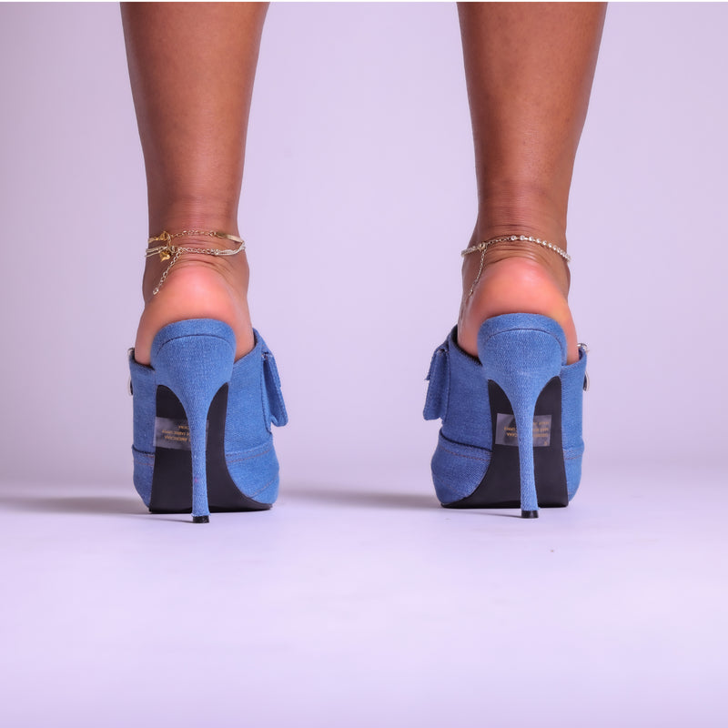 Blue Denim Pointed Toe Mule Heels