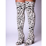 White Leopard Print Over The Knee Chunky Heel Boot