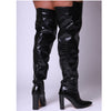 Black Croc Print Block Heel Thigh High Boots