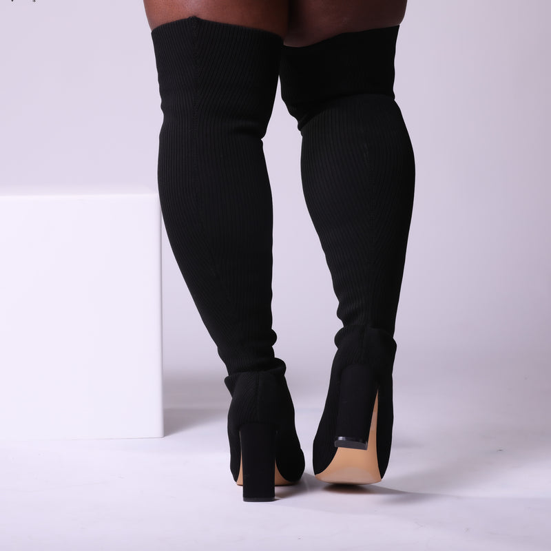 Black Thigh High Knit Sock Block Heel Boot
