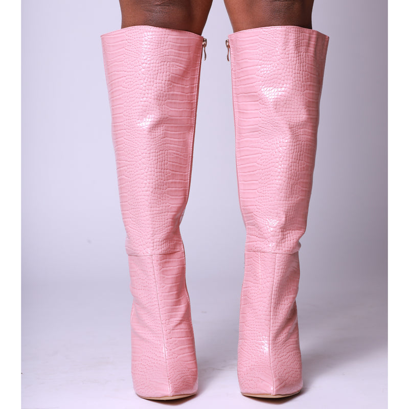 Pink Croc Print Faux Leather Metallic Heel Knee High Long Boots