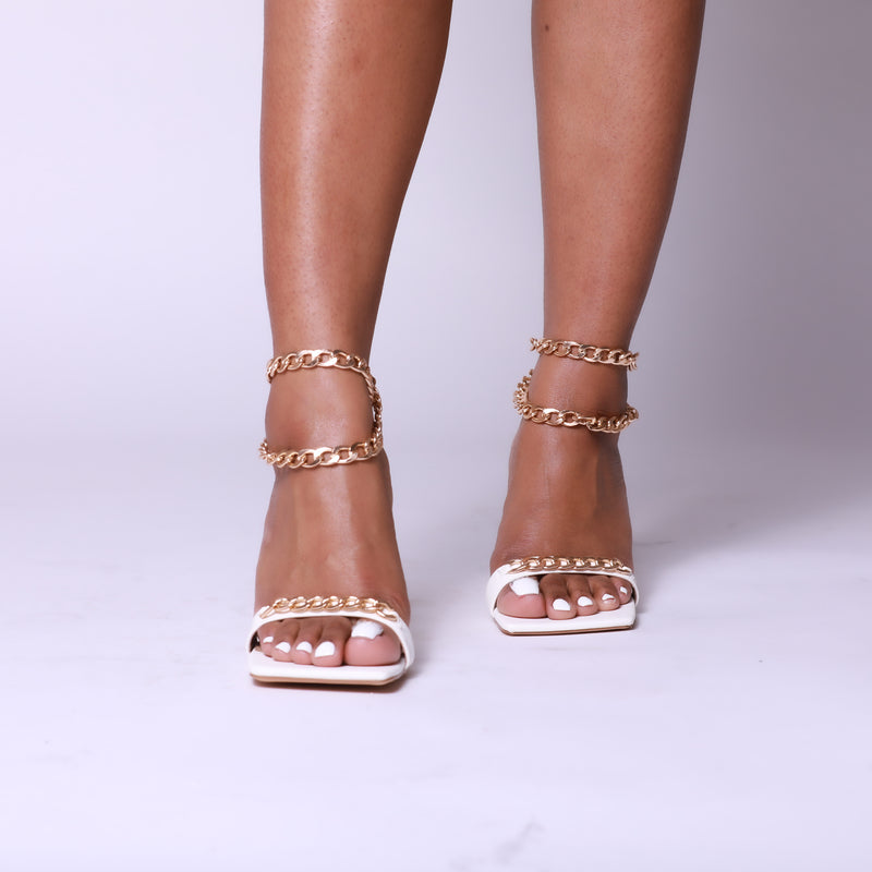 White Chain Detail Strap Square Toe Heel