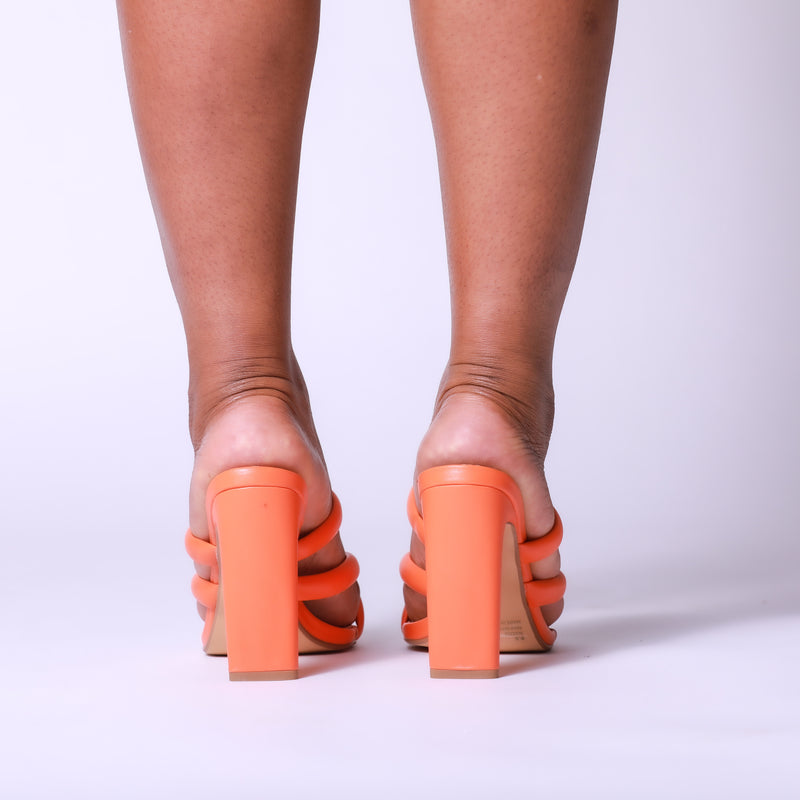 Orange Padded Strappy Thick Block Square Toe Mule Heels