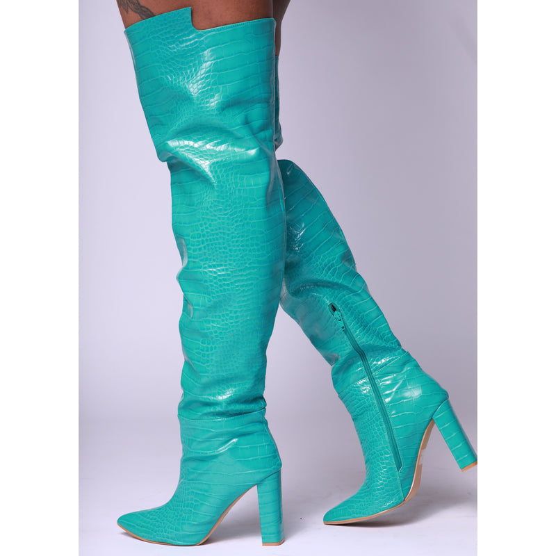 Turquoise Croc Print Block Heel Thigh High Boot