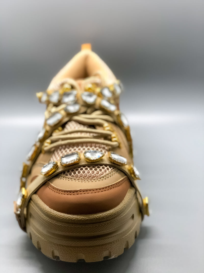 Tan Mesh Trim Jeweled Straps Lug Sole Sneaker