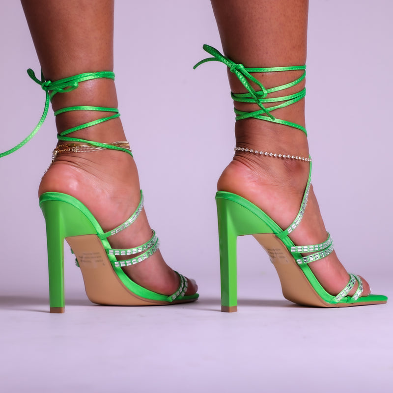 Green Crystal Lace Up Heel Sandals